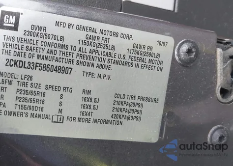 2008 Pontiac Torrent z USA, uszkodzony, nr VIN 2CKDL33F586048907